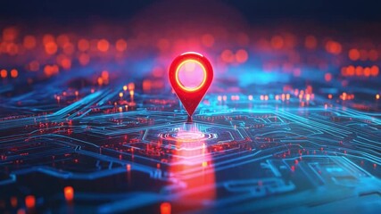 Poster - A navigation marker stands out on a glowing circuit board, highlighting a central point of interest amid bright blue and red digital patterns.