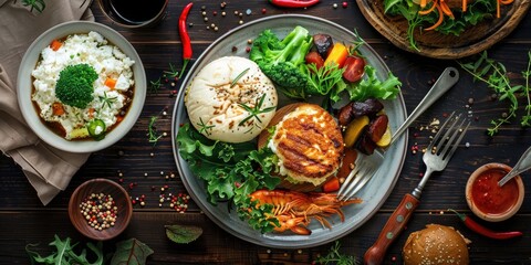 Canvas Print - Chicken beef fork pork burger prawn medley triple medley greens chicken cutlet cottage cheese cuisine plate broth produce supper proteins veggies nutritious midday meal