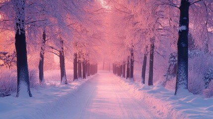 Canvas Print - A snow covered path with trees lining the sides of it, AI