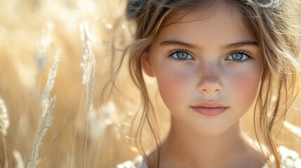 Wall Mural - headshot of beautiful young girl standing in tall grass in nature with copy space