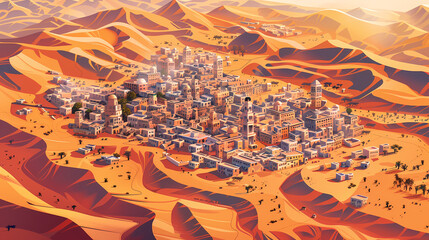  Drone view of Desert city ,vector image style