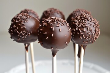 Wall Mural - Chocolate cake pops dipped in chocolate and covered with sprinkles standing on white plate