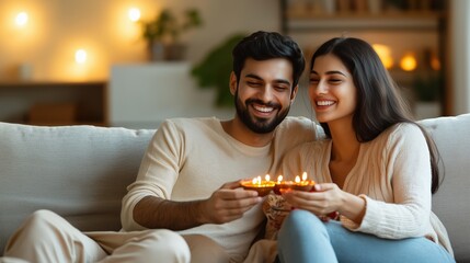 Young indian couple celebrating diwali holding diya oil lamps at home