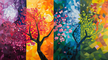 A stunning geometric illustration of trees representing different seasons, featuring vibrant colors and patterns that highlight the cyclical beauty of nature throughout the year.