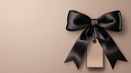 Canvas Print - A black bow with a tag attached to it on beige background, AI