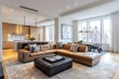 © imlane - This is a picture of a large American living room, a bright space with a brown four-seater small U-shaped matte leather sofa in the middle, black feet, and a coffee table