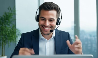 businessman, call center and face consulting with headphones on computer for customer service or sup