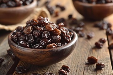 Wall Mural - Wooden bowl overflowing with raisins sits on a rustic wooden table, with more raisins scattered around it