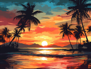 Wall Mural - Palm Trees Silhouettes On Tropical Beach At Sunset, Modern Vintage Colors