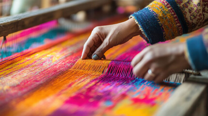 Wall Mural - Artisan textile weaver working on a vibrant, colorful fabric using a traditional loom