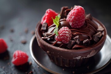 Wall Mural - Delicious chocolate cup filled with chocolate cream and decorated with fresh raspberries and chocolate shavings on a dark background