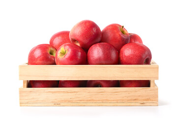 Wall Mural - Front view of fresh red apples in wooden crate isolated on white. Clipping path.