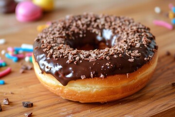 Sticker - Delicious chocolate donut covered with chocolate sprinkles lying on wooden surface