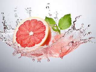 Water splash on grapefruit with mint isolated on white