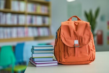 Back to school background with A classic school backpack in vibrant colors with a stack of books