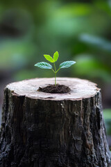 Wall Mural - Tree stump in the forest with a new sapling plant growing out of it. Rebirth wildlife recovery concept.