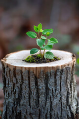 Wall Mural - Tree stump in the forest with a new sapling plant growing out of it. Rebirth wildlife recovery concept.