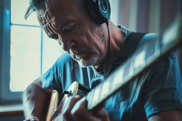 A male guitarist playing an acoustic guitar in a recording studio. He is deeply engrossed in his performance, with focused hands on the strings of the instrument.