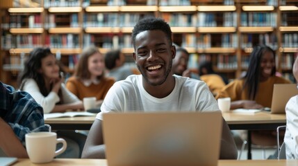 Poster - A joyful student sits at a table with his laptop, surrounded by peers in a busy library, fully engaged in their studies