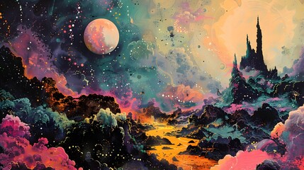 Poster - Abstract Fantasy Landscape with a Moon and Splashes of Color.