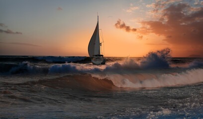 Wall Mural - Yacht sailing in open sea at stormy day - Anchored sailing yacht on calm sea with tropical storm 