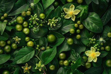 Vibrant and colorful natural fruits on lush green foliage, highlighting the bounty of nature's palette.