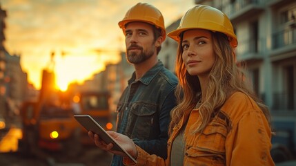Poster - A man and woman in safety gear enjoy a sunset while reviewing plans on a tablet, showcasing teamwork and focus during their construction project