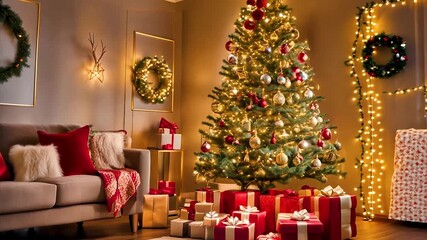Christmas presents and gifts under festive decorating Christmas tree in living room.