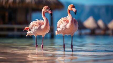 Wall Mural - Beautiful flamingos on the beach against the backdrop of the sea, beach and palm trees 