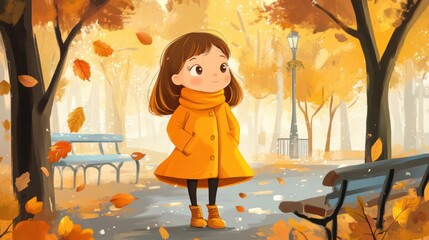 Sticker - A cartoon girl in a yellow coat standing near some benches, AI