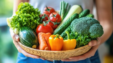 Canvas Print - A person holding a basket of vegetables in their hands, AI