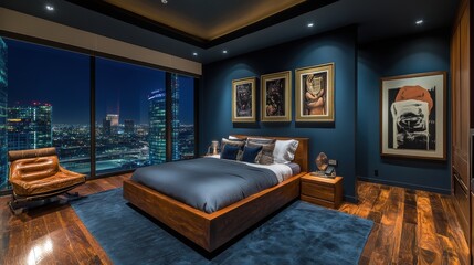 Poster - A bedroom with a large bed and city view in the background, AI