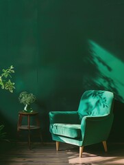 Wall Mural - The image shows a modern interior design with a green chair, a wooden table, and a striking green wall.