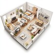 © สมชัย ้พาลแก้ว - 3D Floor plan of a home, 3D illustration. Open concept living apartment layout