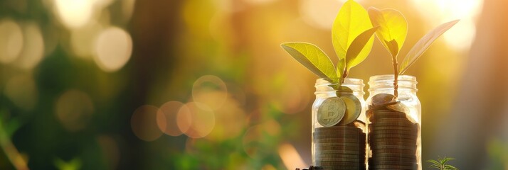 Two clear jars filled with coins and seedlings, symbolizing growth and investment, on a wooden surface with a soft focus background.