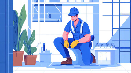 A cartoon illustration of a man in blue and yellow clothes cleaning the floor, AI