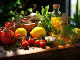 Wall Mural - Top view fresh vegetables various spices in small bowls wooden spoons