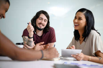 Aufkleber - Small business, team or happy in office with tablet, brainstorming or positive review. Online information, woman or men in workplace for feedback, collaboration or smile with tech for new opportunity