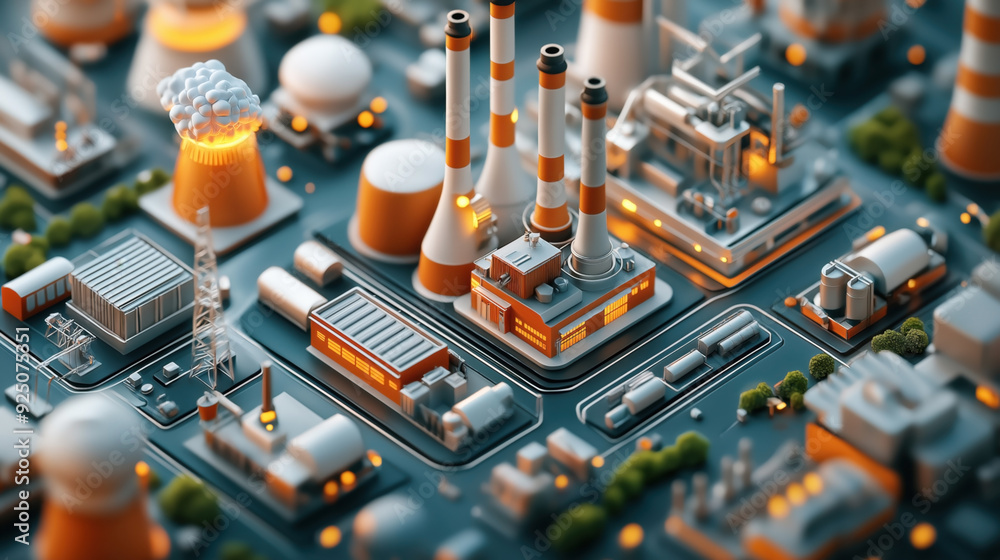 A detailed isometric illustration of an industrial complex with various ...