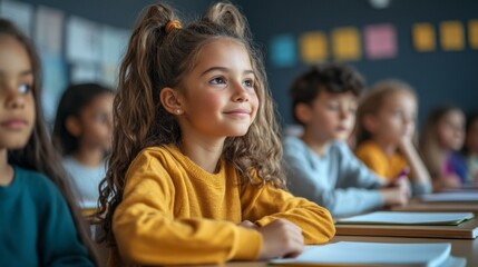 Poster - A young girl smiles while attentively listening in class, surrounded by her diverse peers who share her enthusiasm for learning
