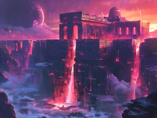 Sticker - Futuristic Cityscape with Lava Falls.