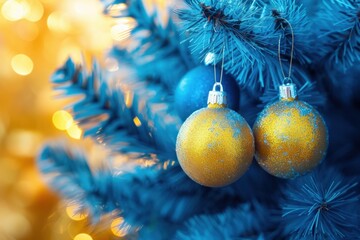 Golden christmas baubles hanging on a blue christmas tree with twinkly lights in the background