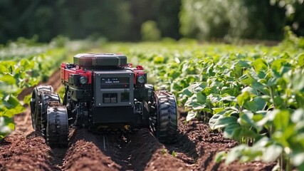 Poster - An autonomous robot moves through thriving crops, utilizing technology to enhance farming efficiency under bright daylight.
