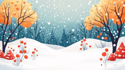 Sticker - A cartoon illustration of a snowy landscape with trees and snowflakes, AI