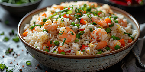 Egg Fried Rice: Cooked rice stir-fried with beaten eggs, vegetables, soy sauce, and  shrimp.