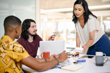 Poster - Group, discussion and laptop for research, online and collaboration for web design, smile and office. Boardroom, men and woman with diversity, communication and people with teamwork and planning