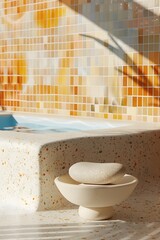 Wall Mural - Minimalist White Stone Bowl and Hot Tub With Terrazzo Tiles