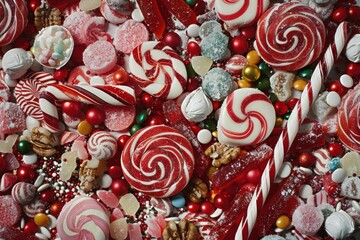 Sticker - Christmas candy canes and a variety of sweets forming a festive holiday food background