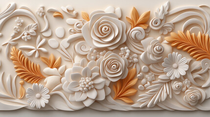 Intricate floral bas-relief art piece with white and gold flowers and leaves, showcasing detailed patterns and textures against a light background.