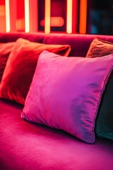 Wall Mural - Against a vibrant, colorful background, a modern living room features a couch, neon lights, and a neon wall